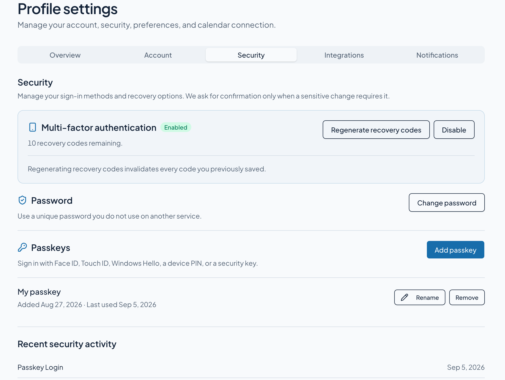 PeopleEvo profile security settings showing password, MFA, passkeys, and recent security activity.