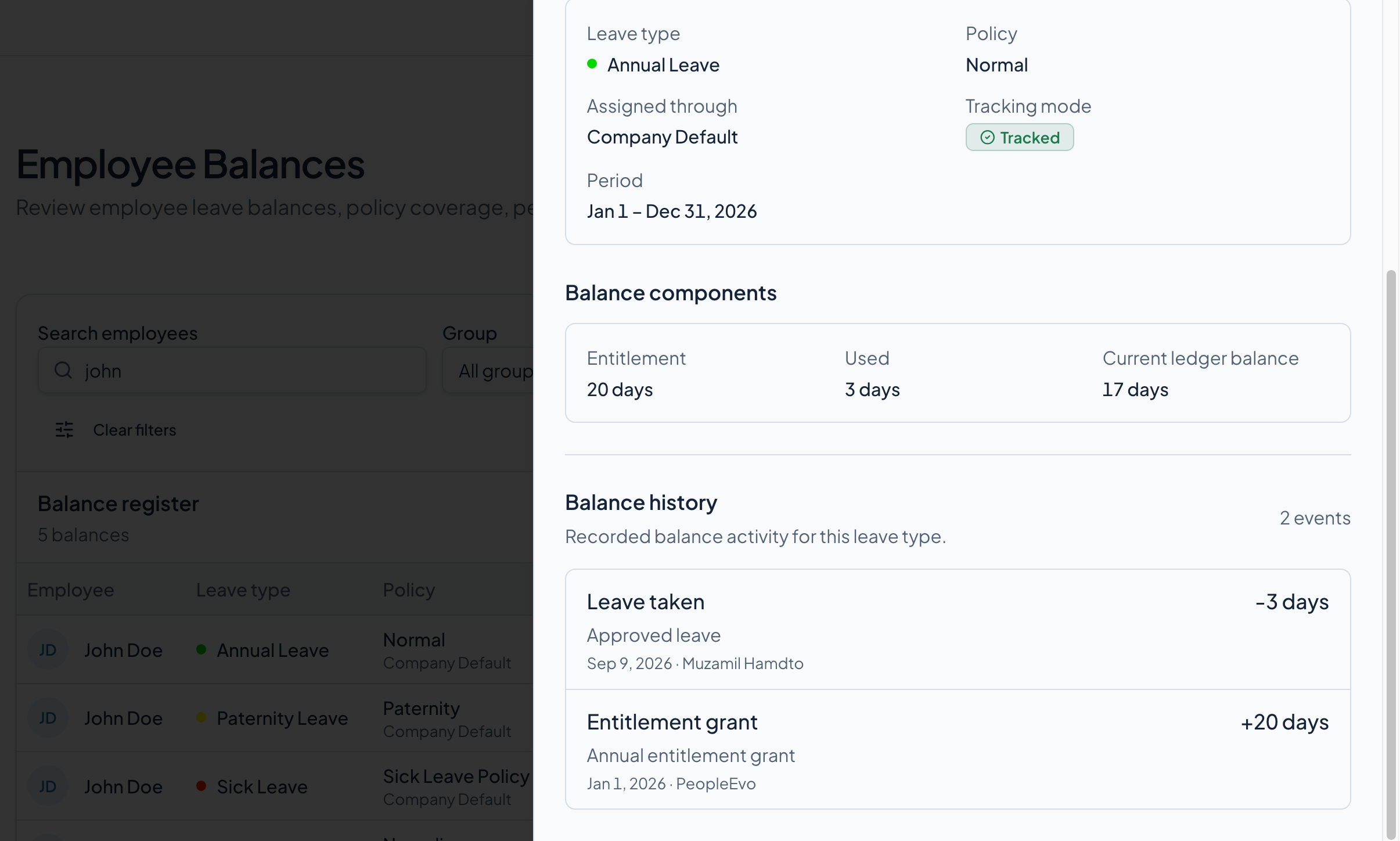 PeopleEvo leave balance history showing authoritative ledger events.