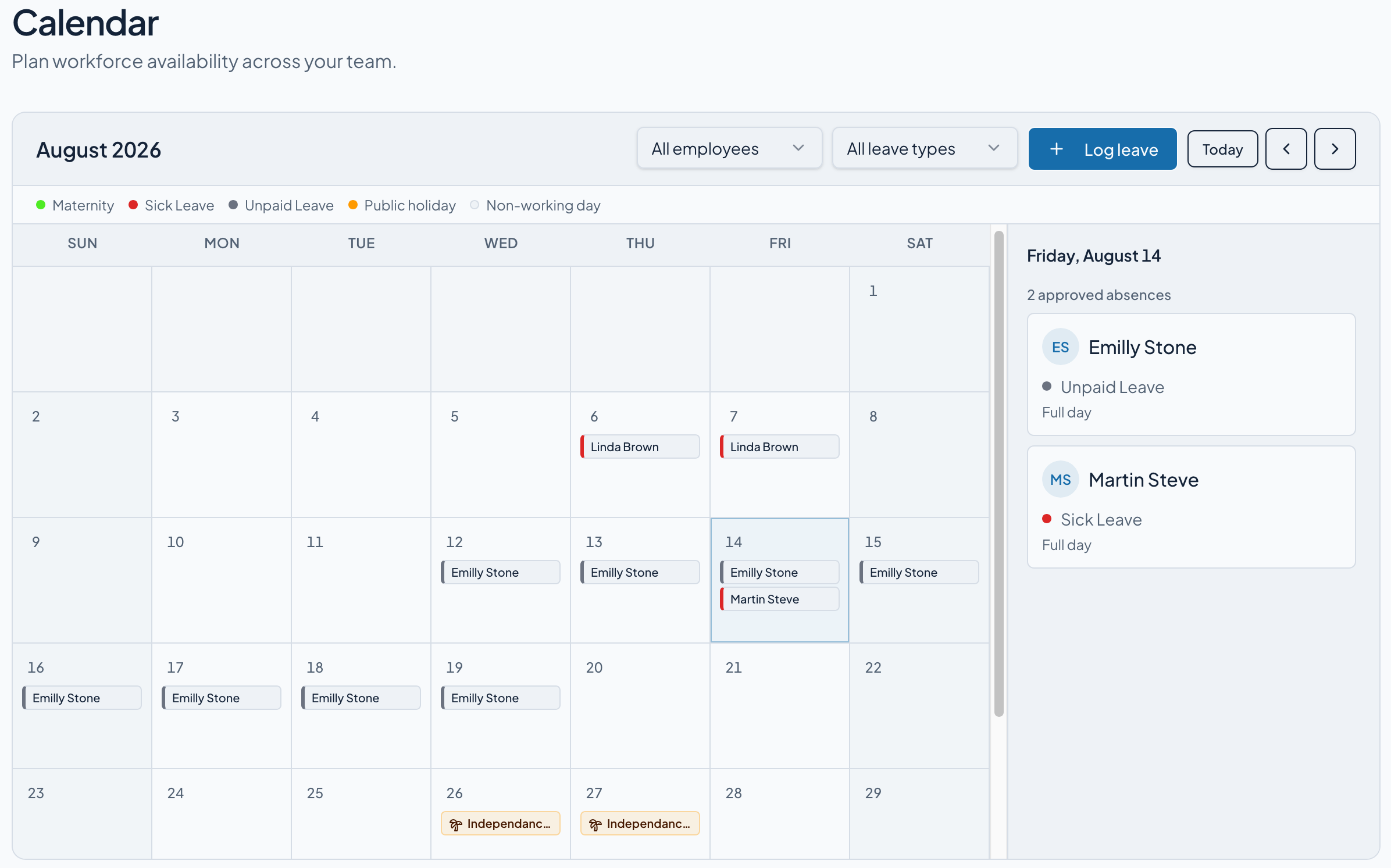 PeopleEvo team leave calendar showing approved absences and a public holiday.